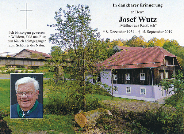 Sterbebild von Josef Wutz mit Porträt und seinem Heimatort Katzbach